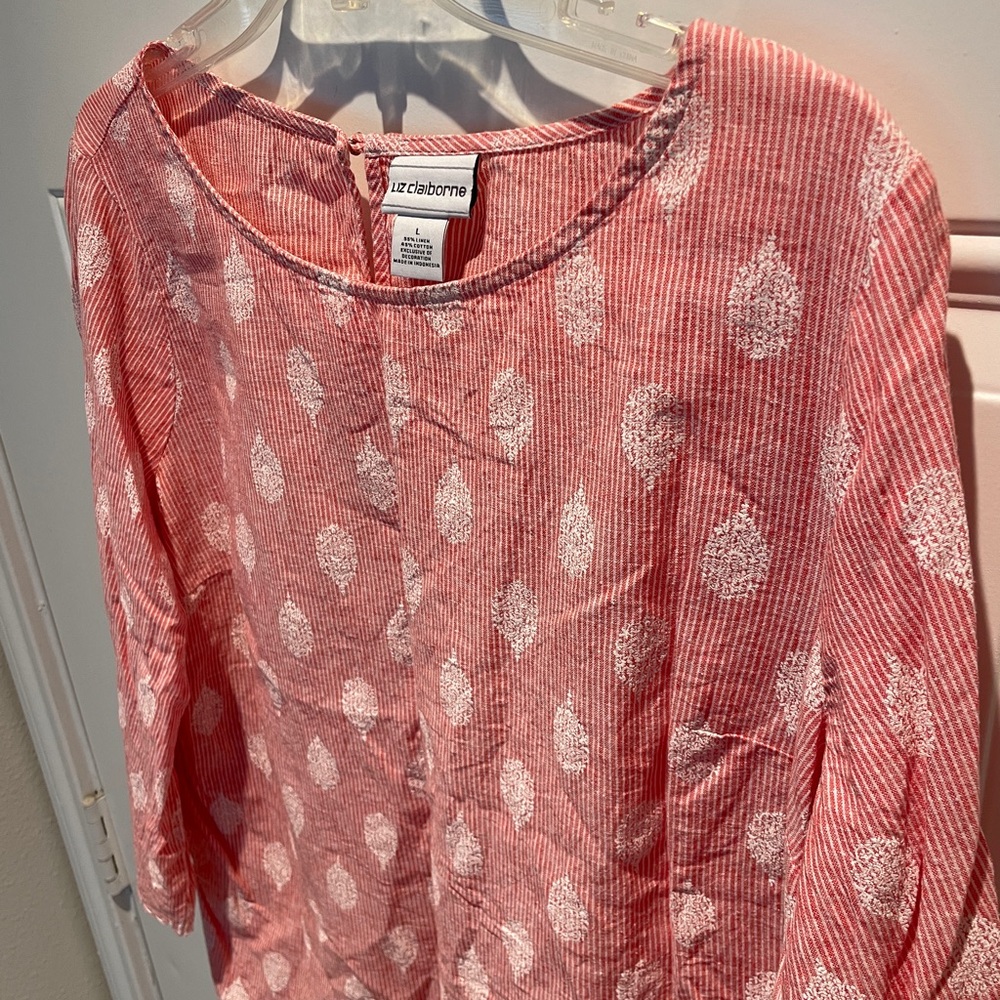 Liz Claiborne Linen Filigree Long Sleeve Striped Top Size Large Red White - Picture 6 of 7